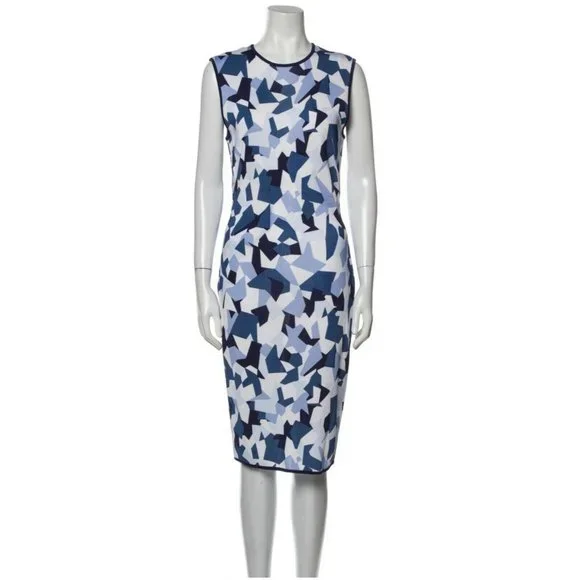 GIVENCHY Geometric Pencil Dress Blue Navy White Knit Stretch Size M Sleeveless - Picture 1 of 11